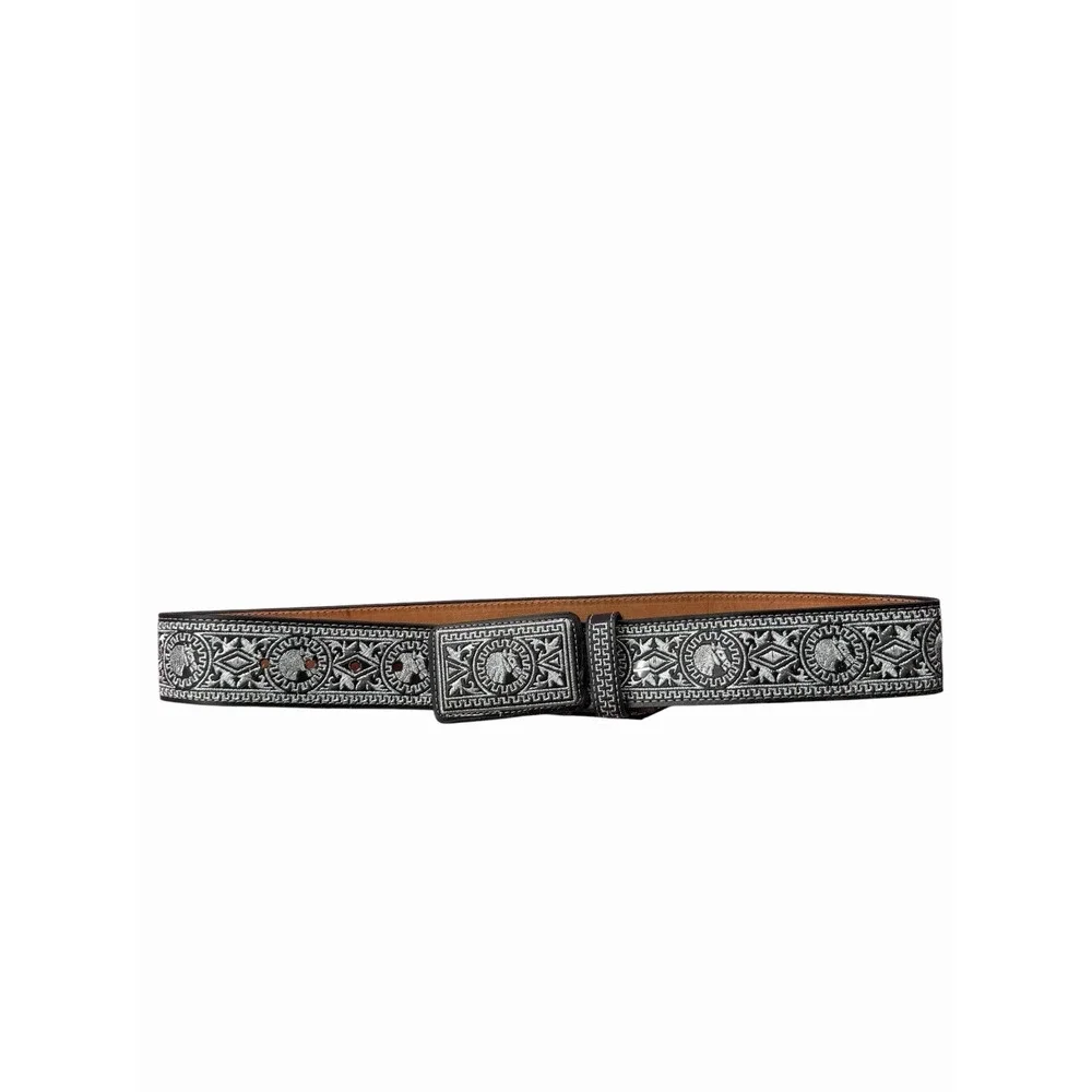 CINTO CHARRO BORDADO HILO PLATEADO. MENS SILVER STITCHING EMBROID WESTERN BELT34
